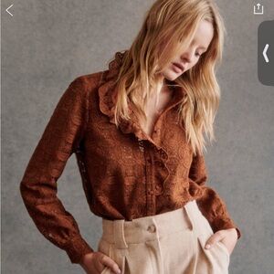 Sezane Chlo shirt size 4 Brown Lace Ruffle